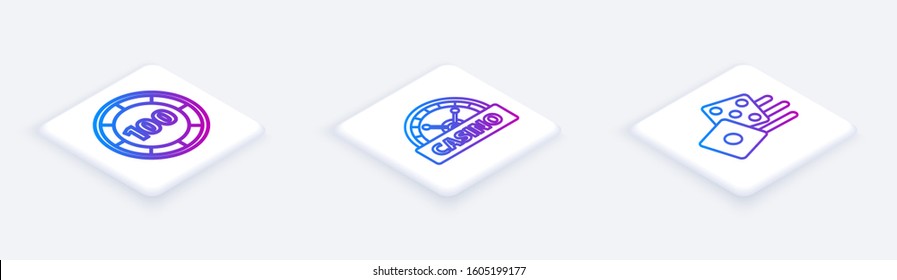 Set Isometric line Casino chips, Casino signboard and Game dice. White square button. Vector