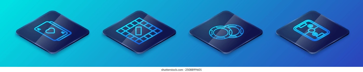 Set Isometric line Casino chips, Playing cards, Air hockey table and Board game icon. Vector