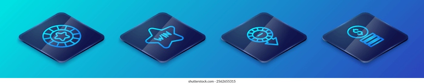 Set Isometric line Casino chips, with dollar and win icon. Vector