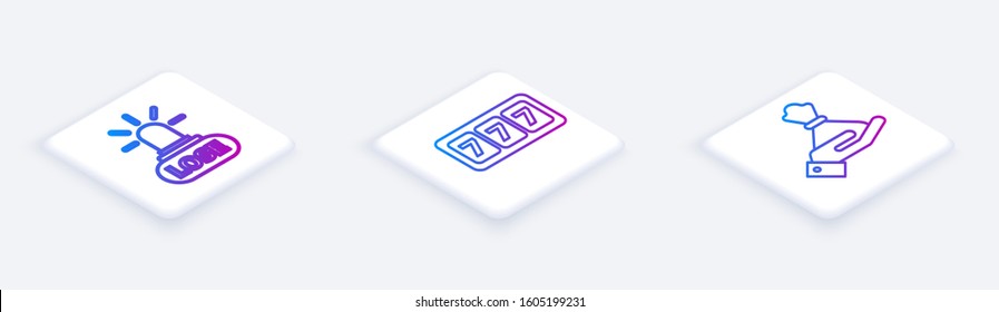 Set Isometric line Casino losing, Slot machine with lucky sevens jackpot and Hand holding money bag. White square button. Vector