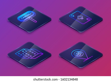 Set Isometric line Casino signboard, Game dice, Playing card with spades symbol and Casino location. Blue square button. Vector