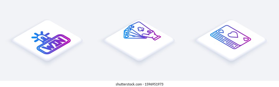 Set Isometric line Casino win, Hand holding playing cards and Deck of playing cards. White square button. Vector