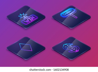 Set Isometric line Casino win, Playing card with diamonds symbol, Casino signboard and Dollar symbol. Blue square button. Vector