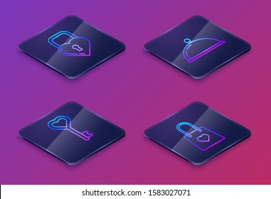 Set Isometric line Castle in the shape of a heart, Key in heart shape, Covered with a tray of food and Shopping bag with heart. Blue square button. Vector