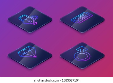 Set Isometric line Castle in the shape of a heart and key, Diamond, Ticket with heart and Male gender symbol. Blue square button. Vector