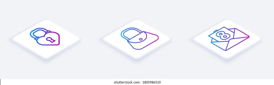 Set Isometric line Castle in the shape of a heart, Handbag and Envelope with 8 March. White square button. Vector