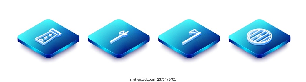 Set Isometric line Castle tower, Medieval halberd, axe and Round wooden shield icon. Vector