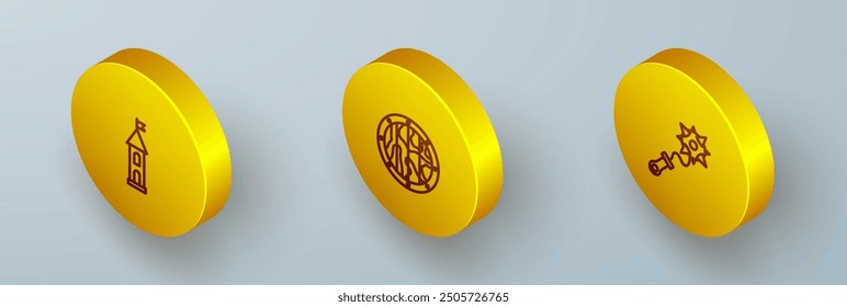 Set Isometrische Linie Burgturm, Rundhölzernes Schild und Mace mit Spikes-Symbol. Vektorgrafik