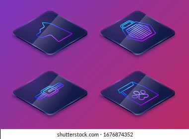 Set Isometric line Cat, Collar with name tag, Pet carry case and Bag of food for pet. Blue square button. Vector