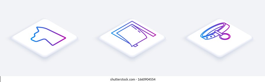 Set Isometric line Cat, Door for pet and Collar with name tag. White square button. Vector