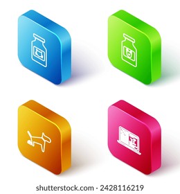 Set Línea isométrica Gato botella de medicina, perro, caca y registro clínico perro en el icono de la computadora portátil. Vector