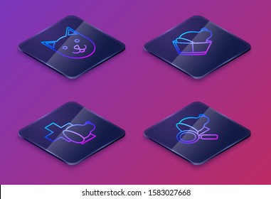 Set Isometric line Cat, Veterinary clinic symbol, Veterinary clinic symbol and Veterinary clinic symbol. Blue square button. Vector