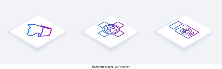 Set Isometric line Cat, Veterinary clinic symbol and Dog medicine bottle and pills. White square button. Vector