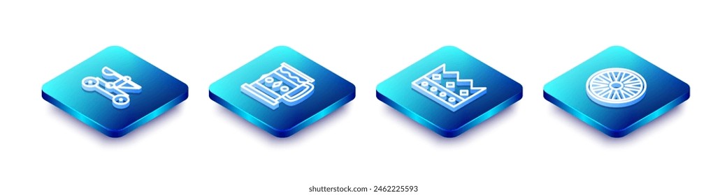 Conjunto de línea isométrica Catapulta piedras de tiro, Taza de madera, Corona de rey y Viejo icono de rueda de madera. Vector
