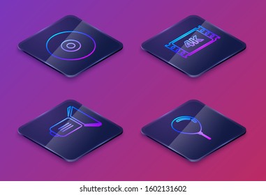 Set Isometric line CD or DVD disk , Movie spotlight , 4k movie, tape, frame  and Balloon with ribbon . Blue square button. Vector