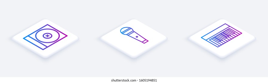 Set Isometric line CD or DVD disk, Microphone and Music synthesizer. White square button. Vector