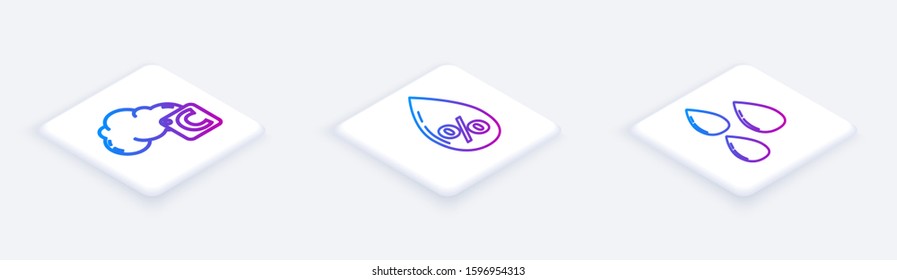Set Isometric line Celsius and cloud, Water drop percentage and Water drop. White square button. Vector