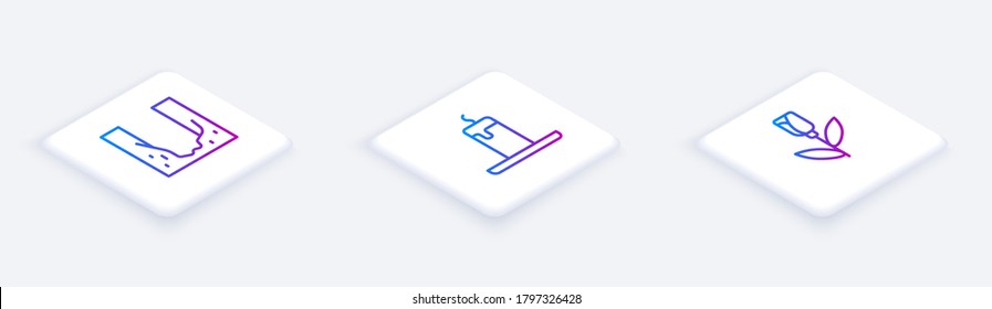 Set Isometric line Cemetery digged grave hole, Burning candle and Flower rose. White square button. Vector