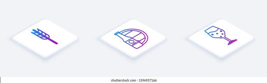 Set Isometric line Cereals set with rice, wheat, corn, oats, rye, barley, Beer bottle and wooden barrel and Glass of beer. White square button. Vector