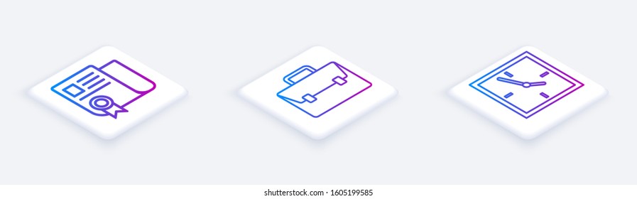 Set Isometric line Certificate template, Briefcase and Clock. White square button. Vector