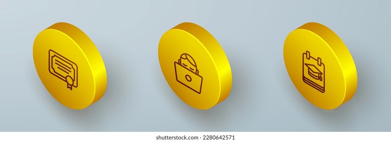 Set Isometric line Certificate template, Student working laptop and Online education icon. Vector