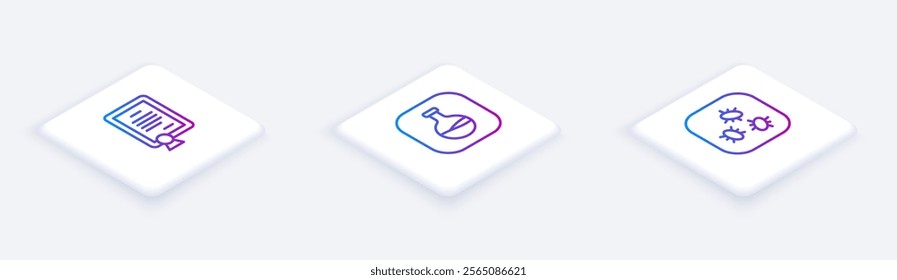 Set Isometric line Certificate template, Test tube and flask and Bacteria. White square button. Vector
