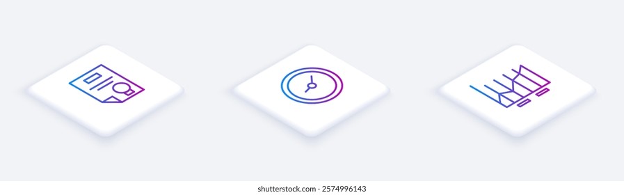 Set Isometric line Certificate template, Clock and Pie chart infographic. White square button. Vector