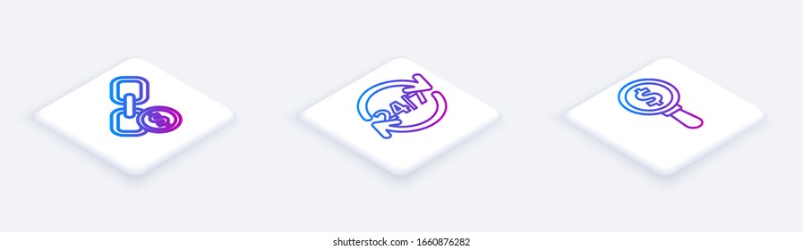 Set Isometric line Chain link and coin, Clock 24 hours and Magnifying glass and dollar. White square button. Vector