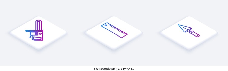 Set Isometric line Chainsaw, Ruler and Trowel. White square button. Vector