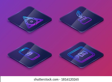 Set Isometrische Linie Chalkboard, Buchen Sie mit Wort Mathematik, Chalkboard und Gleichungslösung. Blauer Quadrat-Knopf. Vektorgrafik