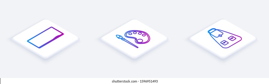 Set Isometric line Chalkboard, Paint brush with palette and School backpack. White square button. Vector