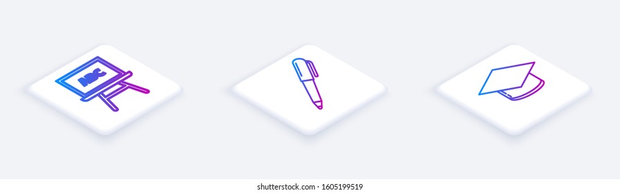 Set Isometric line Chalkboard, Pen and Graduation cap. White square button. Vector