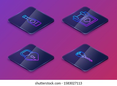 Set Isometric line Champagne bottle, Castle in the shape of a heart, Calendar with heart and Flower rose. Blue square button. Vector