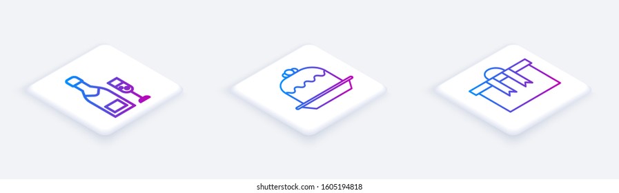 Set Isometric line Champagne bottle and glass of champagne, Cake and Gift box. White square button. Vector