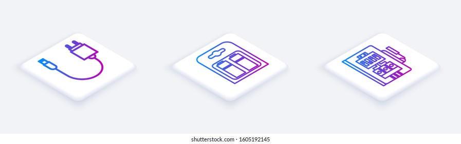 Set Isometric line Charger, Battery in pack and Electrical panel. White square button. Vector