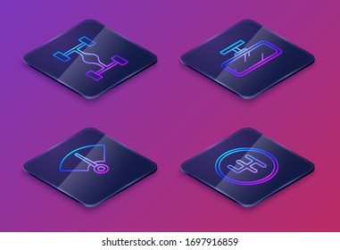 Set Isometric line Chassis car, Speedometer, Car mirror and Gear shifter. Blue square button. Vector