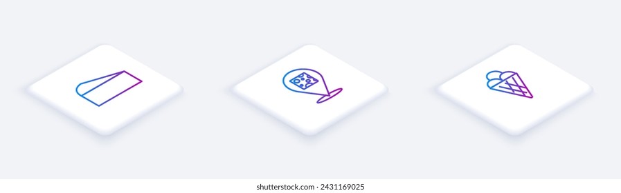 Set Isometric line Cheese,  and Ice cream in waffle cone. White square button. Vector