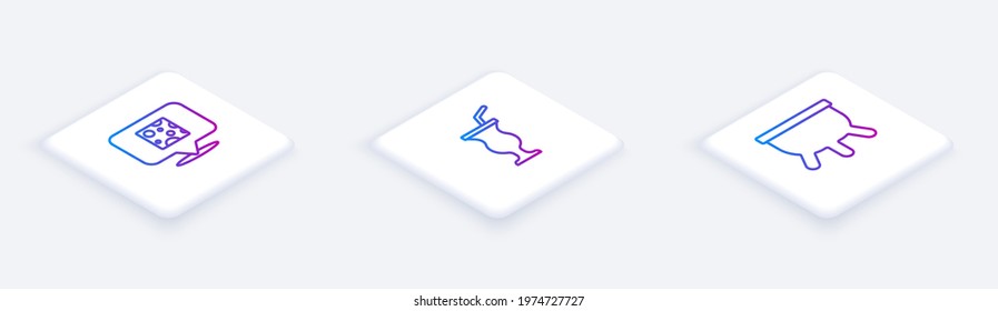 Set Isometric line Cheese, Milkshake and Udder. White square button. Vector