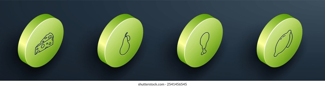 Set Isometric line Cheese, Pear, Chicken leg and Lemon icon. Vector