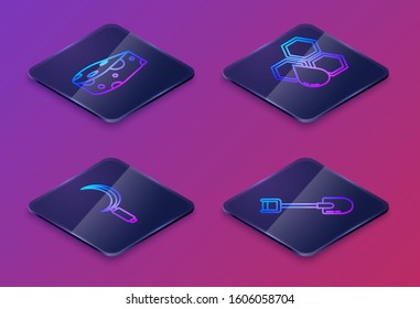 Set Isometric line Cheese, Sickle, Honeycomb and Shovel. Blue square button. Vector