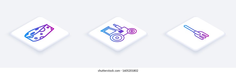Set Isometric line Cheese, Tractor and Garden rake. White square button. Vector