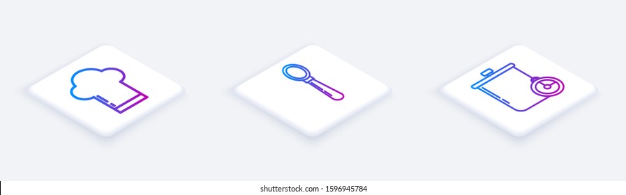 Set Isometric line Chef hat , Spoon  and Cooking pot and kitchen timer . White square button. Vector