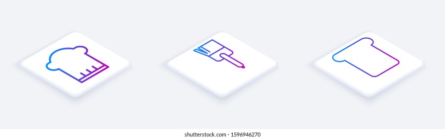 Set Isometric line Chef hat , Kitchen brush  and Bread toast. White square button. Vector