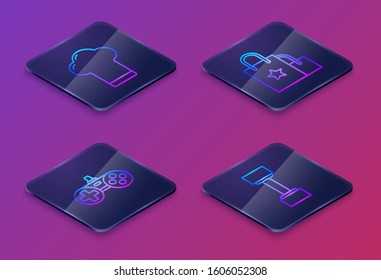 Set Isometric line Chef hat, Gamepad, Paper shopping bag and Dumbbell. Blue square button. Vector