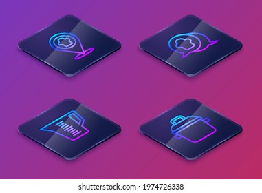 Set Isometric line Chef hat with location, Measuring cup, speech bubble and Cooking pot. Blue square button. Vector