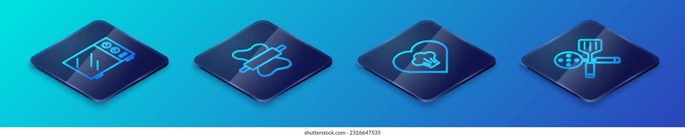 Set Isometric line Chef hat, Microwave oven, Spatula and Rolling pin on dough icon. Vector