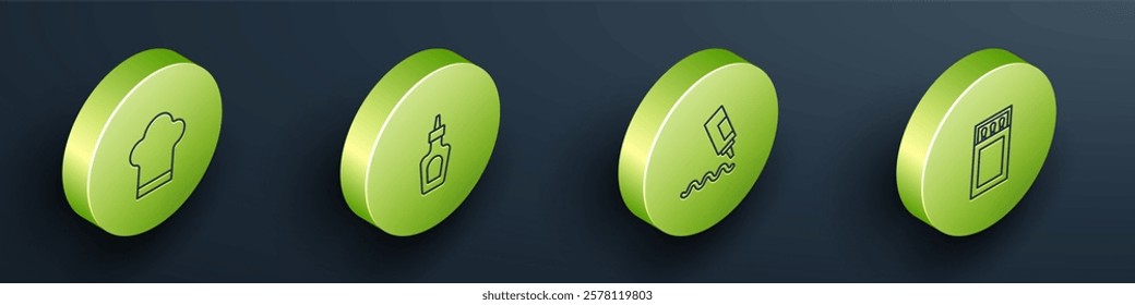 Set Isometric line Chef hat, Sauce bottle,  and Matchbox and matches icon. Vector