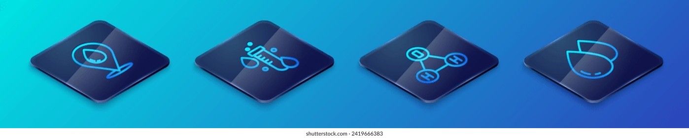 Set Isometric line Chemical formula water H2O, Water drop with location,  and Test tube icon. Vector