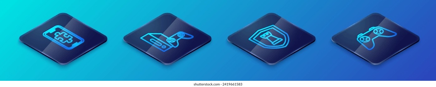 Establezca la línea isométrica escudo de ajedrez, juegos móviles, controlador de juegos o joystick y consola con un icono. Vector