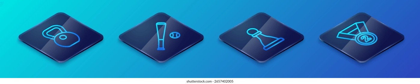 Set Isometric line Chess, Weight, Medal and Baseball bat with ball icon. Vector